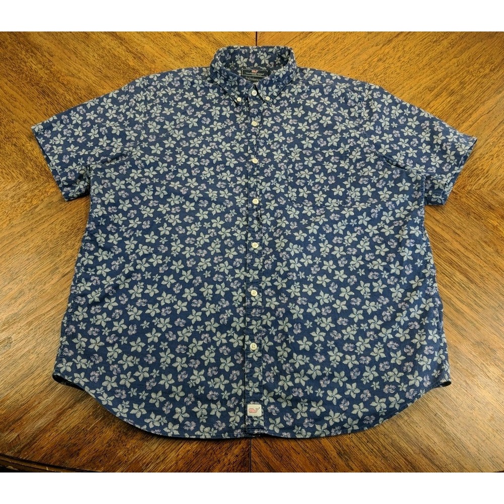 Vineyard Vines Mens XL Slim Fit Murray Shirt Navy Floral Short Sleeve‎ Stretch